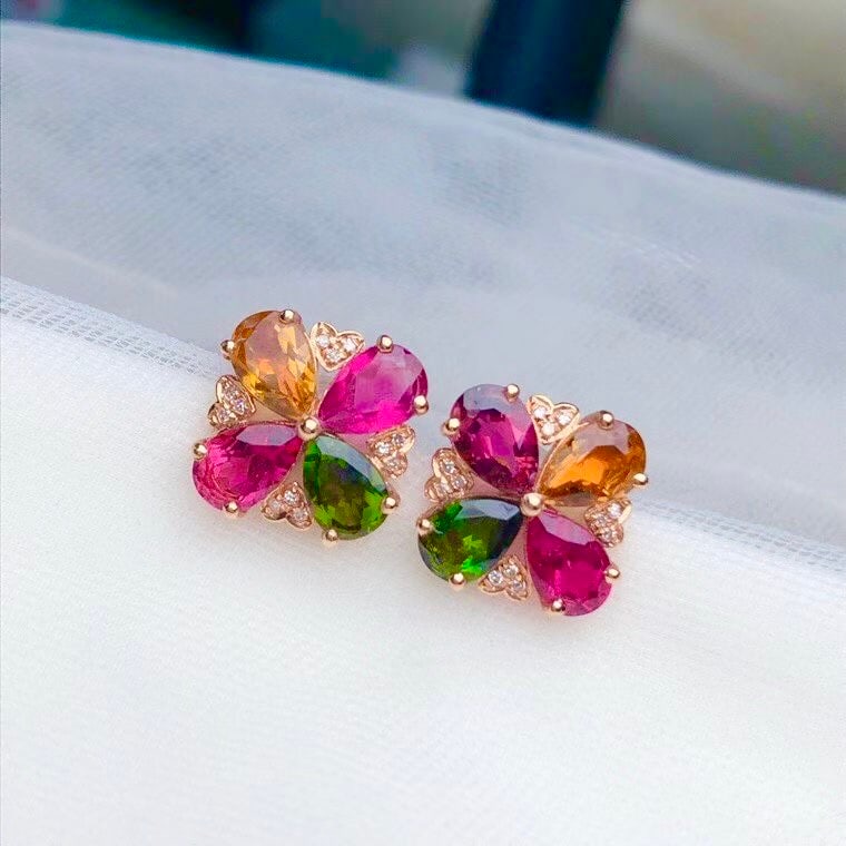 18k Gold Natural Tourmaline Clover Earrings - 2