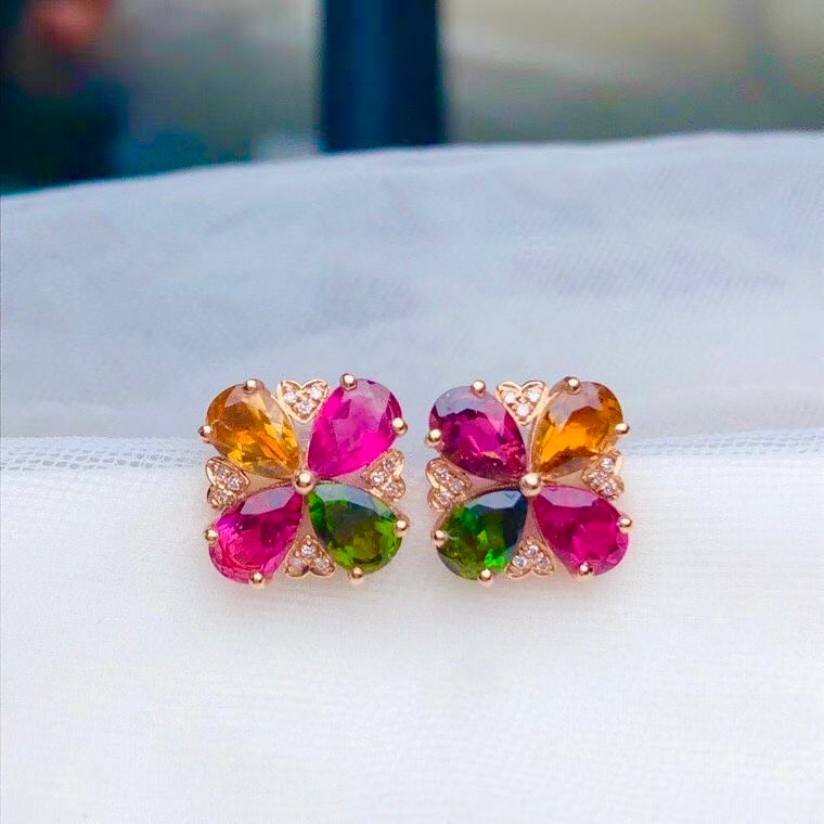 18k Gold Natural Tourmaline Clover Earrings - 3