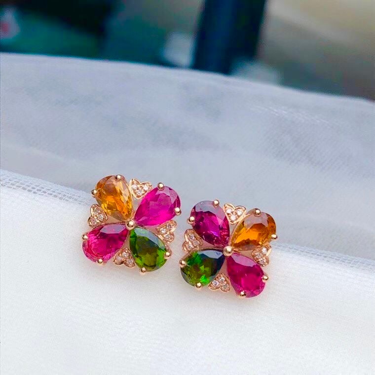18k Gold Natural Tourmaline Clover Earrings - 4