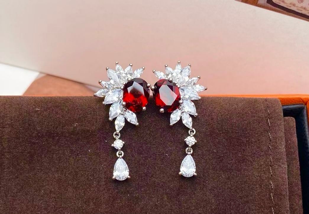 S925 Silver Natural Garnet Earrings - 2