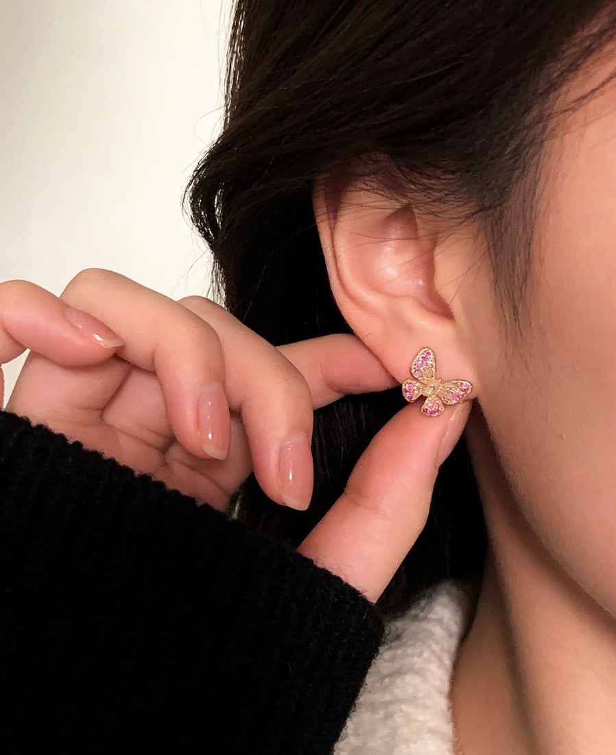 18k Natural Diamond Gradient Pink-Blue Sapphire Butterfly Earrings - 6