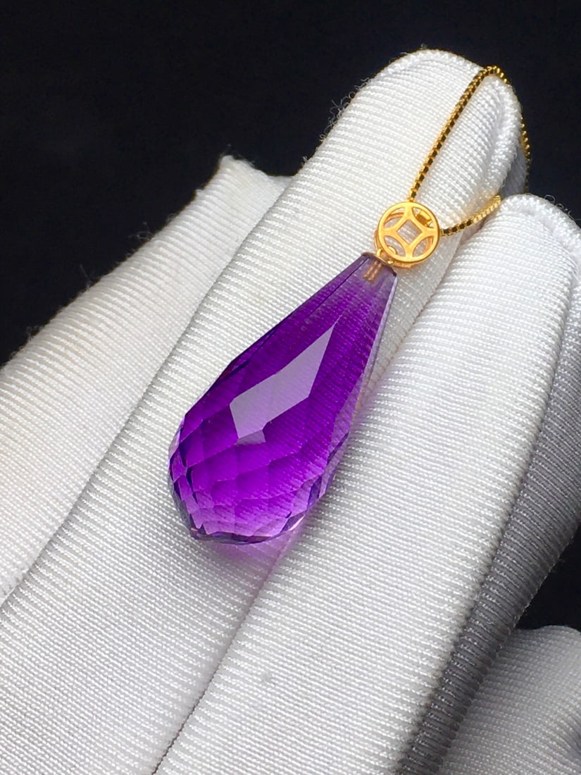 18k Gold Natural Amethyst Pendant - 4
