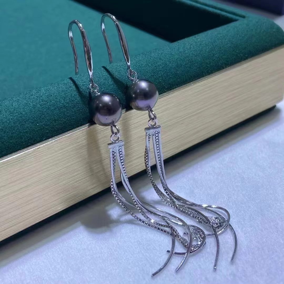 18k Gold Black Pearl Tassel Earrings - 2