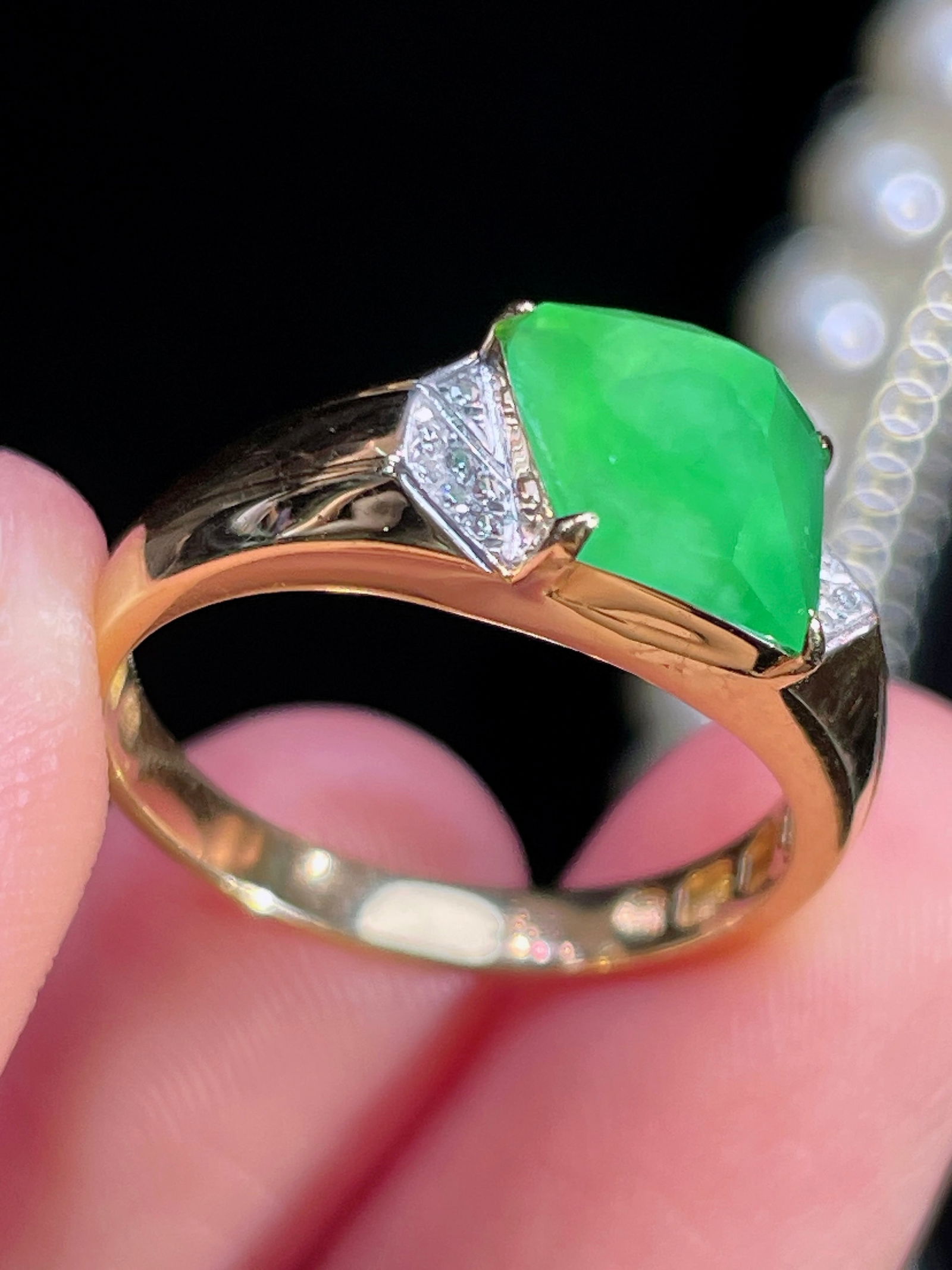 18k gold full green jadeite ring - 3