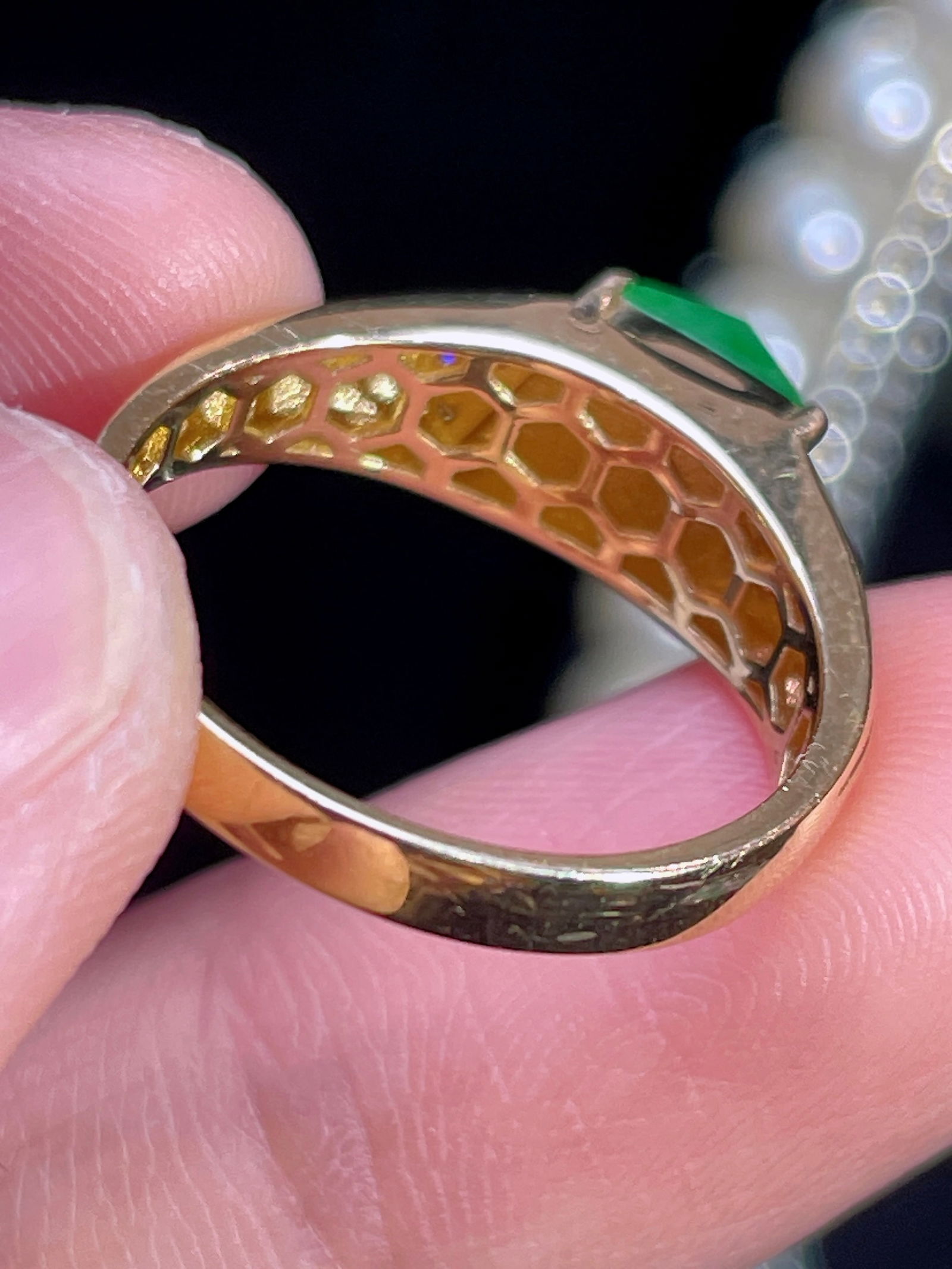 18k gold full green jadeite ring - 4