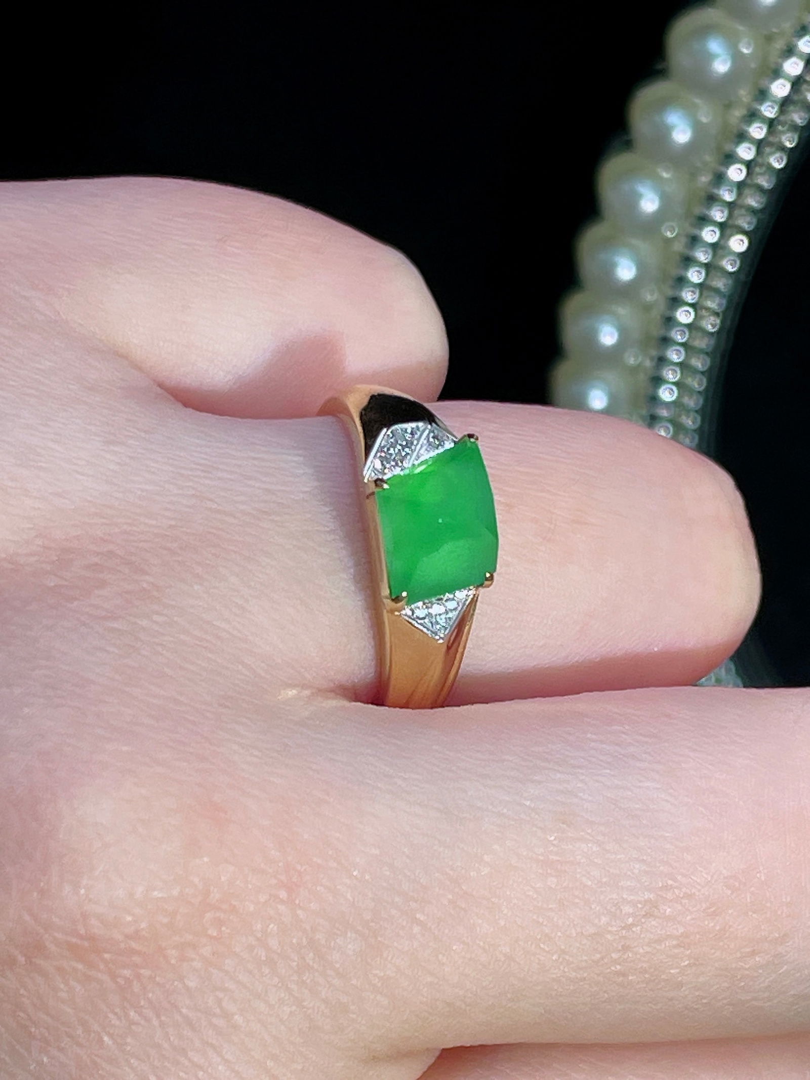 18k gold full green jadeite ring - 5