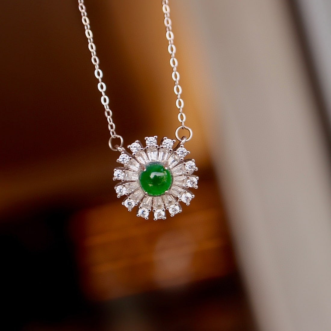 S925 Silver Natural Jade Sunflower Necklace - 3