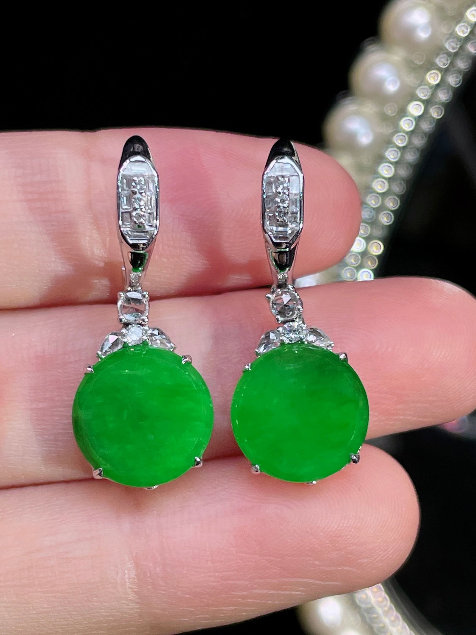 18k Gold Diamond Green Jadeite Earrings - 2