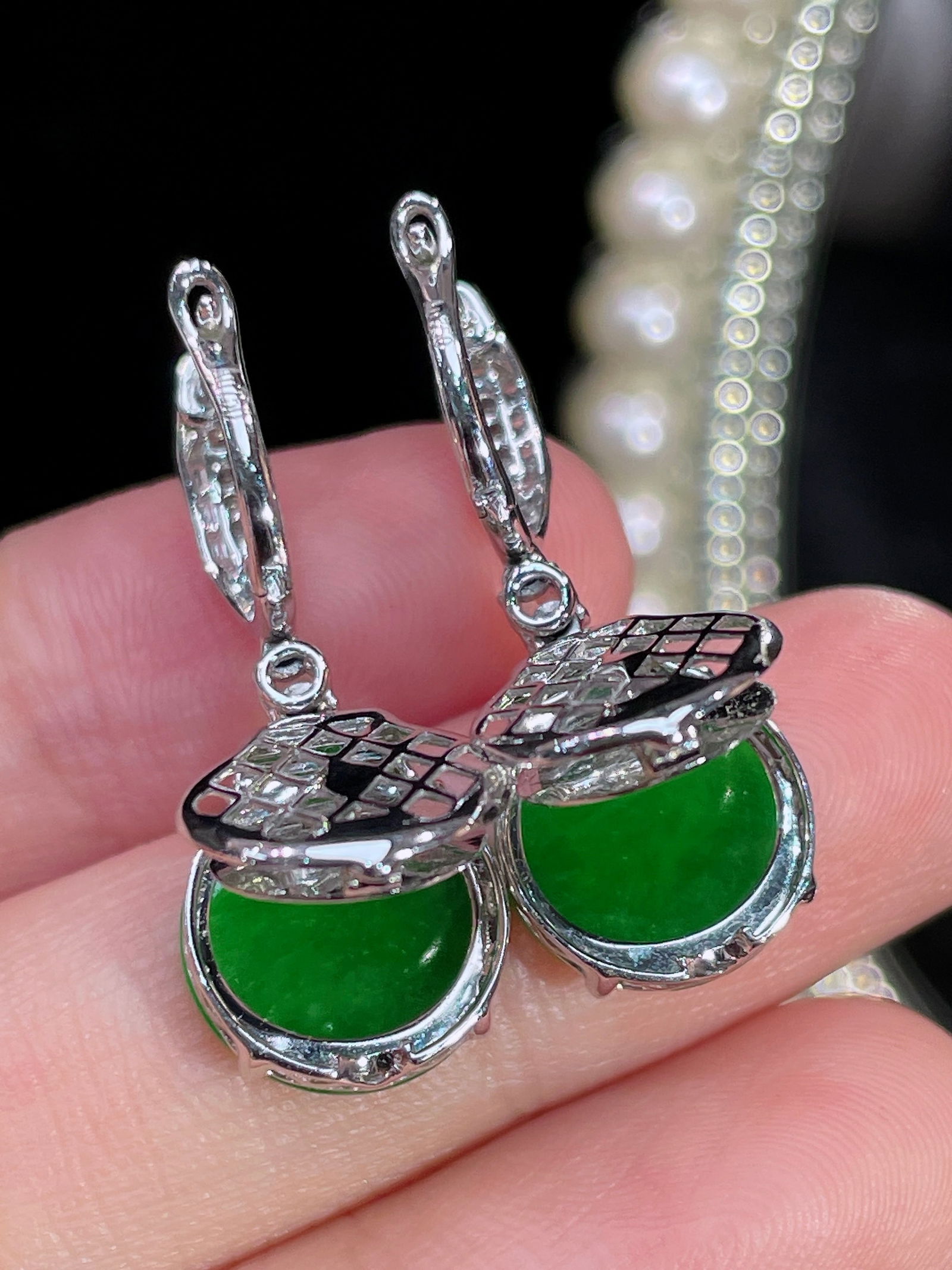 18k Gold Diamond Green Jadeite Earrings - 4