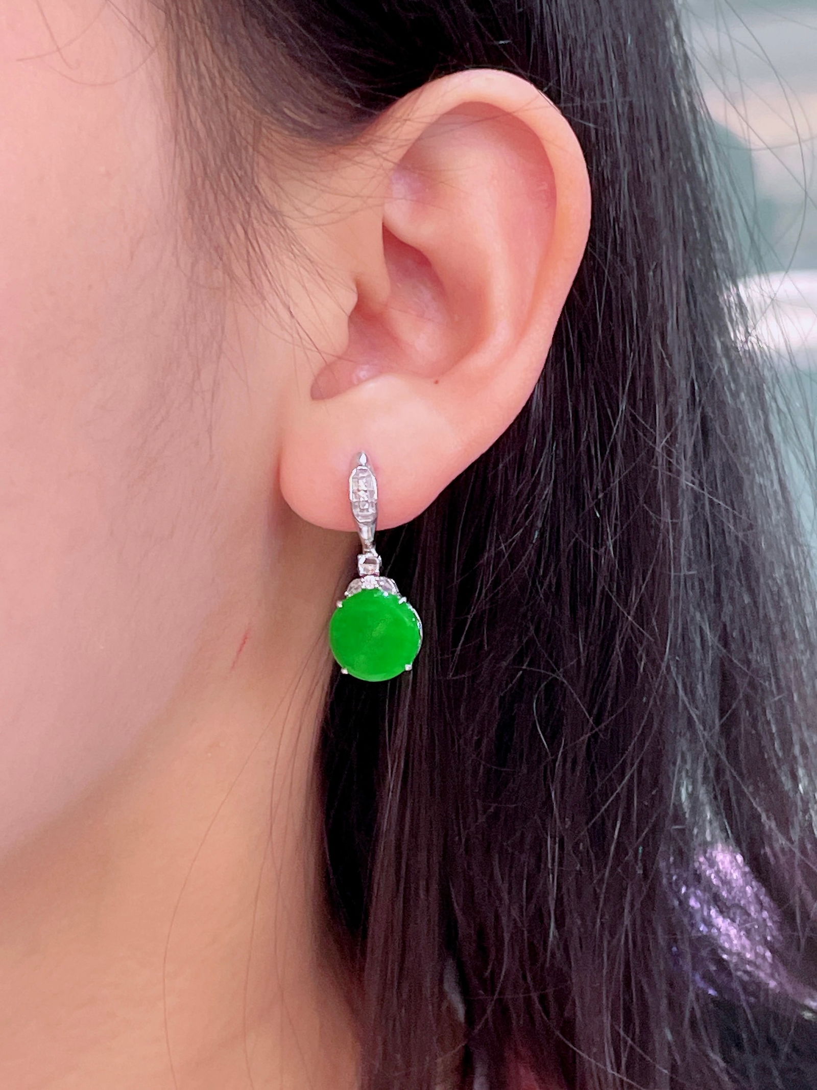 18k Gold Diamond Green Jadeite Earrings - 5