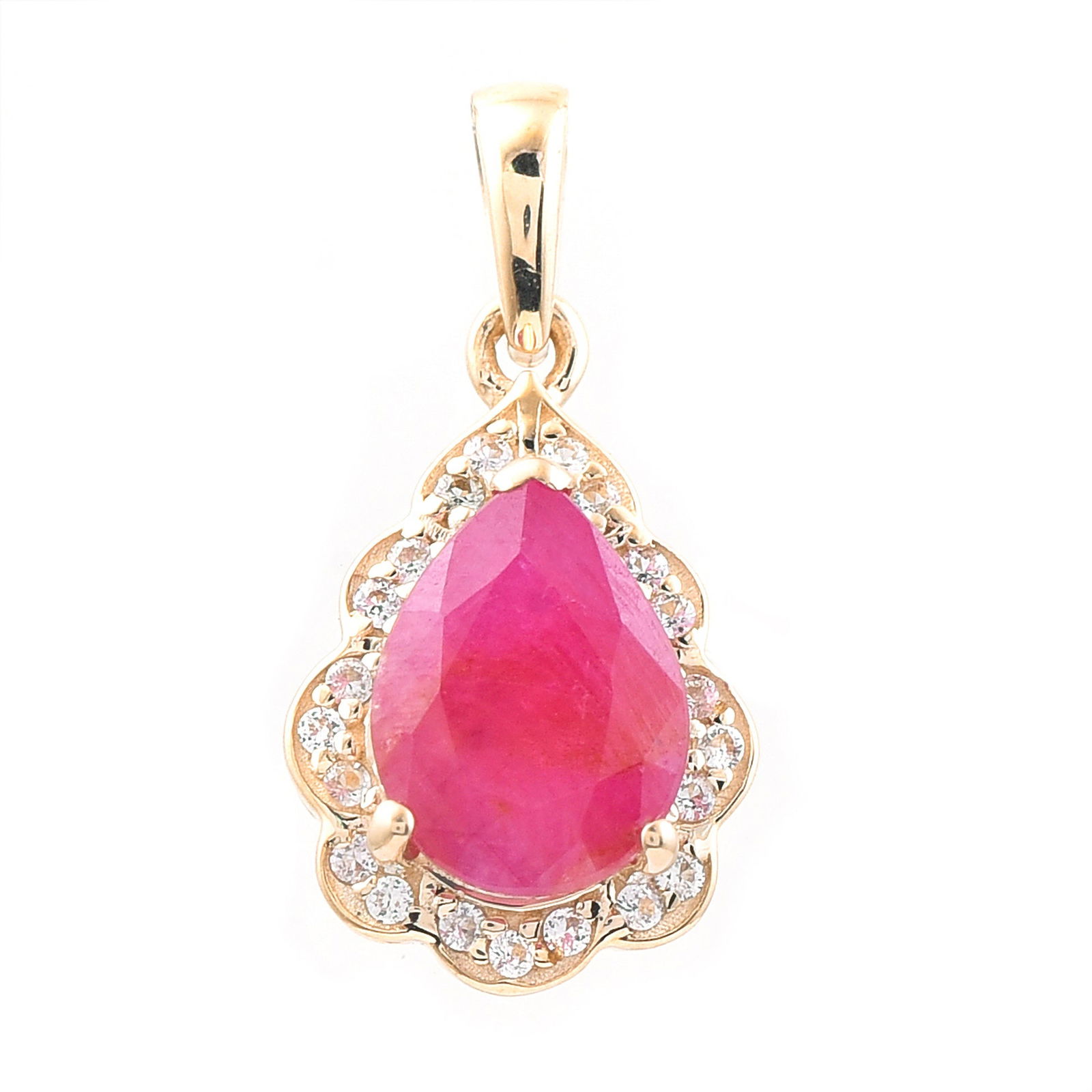 1.63 Ct Pear Ruby 9K Gold Pendant: 1.63 Total Carat Ruby 9K Gold Pendant Specifications - Total Weight 1.083 g - Center Gemstone Ruby - Gemstone Carat Weight 1.55 Carats - Gemstone Measurements 8X6 mm - Additional Gemstones White