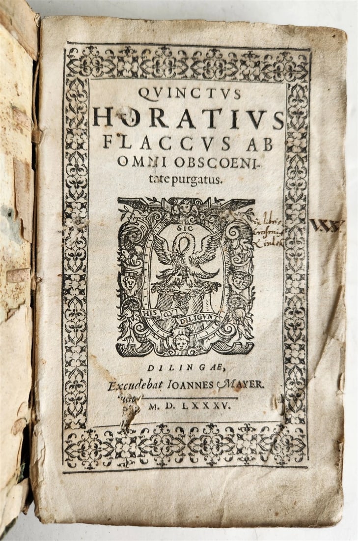 1585 POETRY by HORACE antique 16th CENTURY vellum binding: Title: 1585 POETRY by HORACE antique 16th CENTURY vellum binding Description: Horace Flaccus. Ab omni obscoenitate purgatus. Dillingen, J. Mayer; 1585. 298 pp., 3 leaves. Title page with woodcut borde