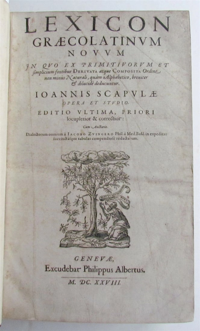 1628 GREEK LATIN DICTIONARY antique FOLIO Lexicon Graecolatinum Novum by Scapula: Title: 1628 GREEK LATIN DICTIONARY antique FOLIO Lexicon Graecolatinum Novum by Scapula Description: Scapula, Johann Lexicon Graecolatinum Novum ... Geneva, 1628 engraved title device; old half calf &