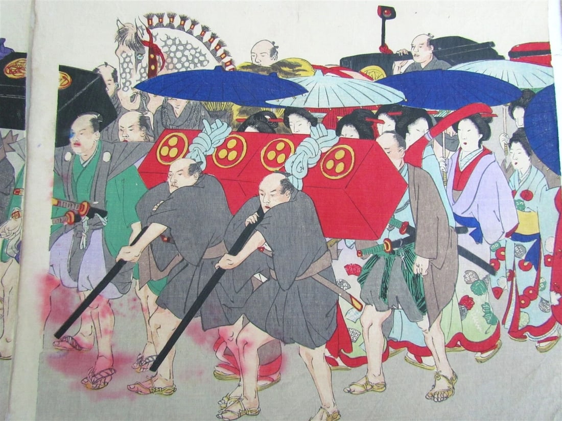JAPANESE WOODBLOCK QUADTYCH PRINT ANTIQUE FEASTIVAL PROCESSION 4 parts MEIJI - 2