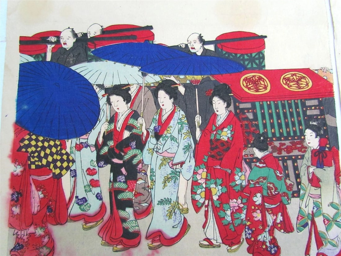 JAPANESE WOODBLOCK QUADTYCH PRINT ANTIQUE FEASTIVAL PROCESSION 4 parts MEIJI - 4