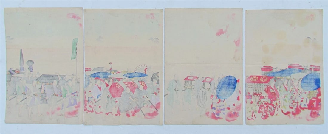 JAPANESE WOODBLOCK QUADTYCH PRINT ANTIQUE FEASTIVAL PROCESSION 4 parts MEIJI - 5