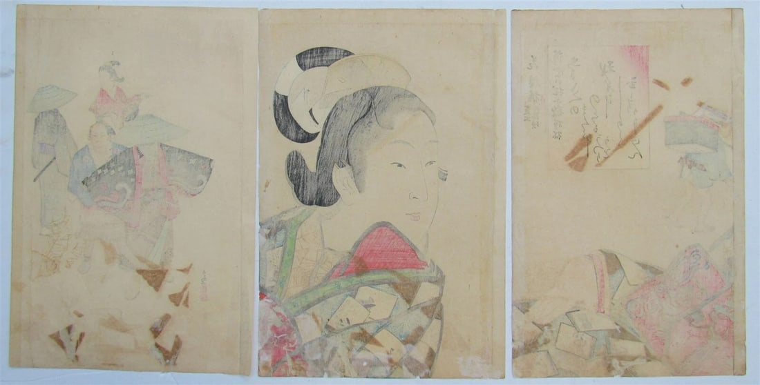 JAPANESE WOODBLOCK TRIPTYCH PRINT ANTIQUE by KIYOCHIKA KOBAYASHI MEIJI 1896 - 6