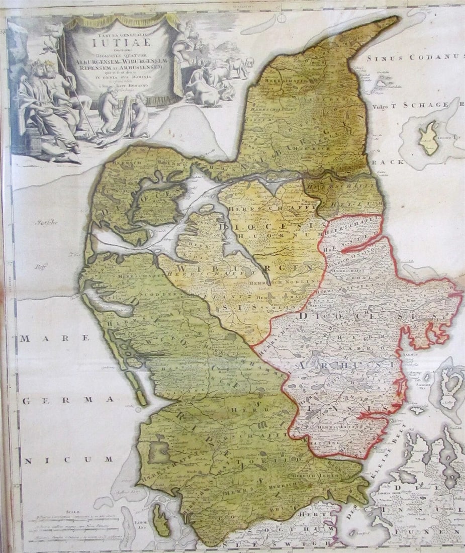 1710 HOMANN MAP OF DENMARK IUTIAE antique CAPT. JOHN SMITH antique - 2