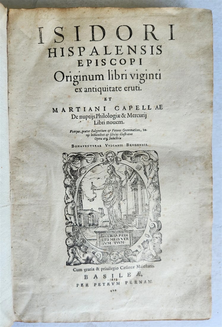 1577 ENCYCLOPEDIA of SCIENCE by ISIDORE von SEVILLA antique VELLUM BOUND FOLIO: Title: 1577 ENCYCLOPEDIA of SCIENCE by ISIDORE von SEVILLA antique VELLUM BOUND FOLIO Description: Isidore von Sevilla. Originum libri viginti ex antiquitate eruti et Martiani Capellae, De nuptiis Phi