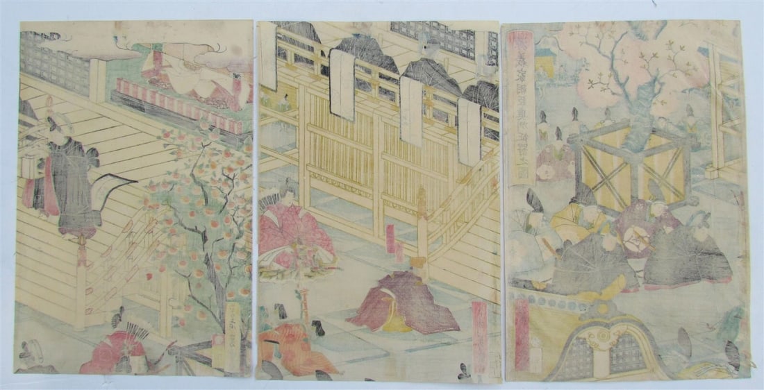 JAPANESE WOODBLOCK TRIPTYCH PRINT ANTIQUE by UTAGAWA YOSHIMORI EDO 1863 - 5