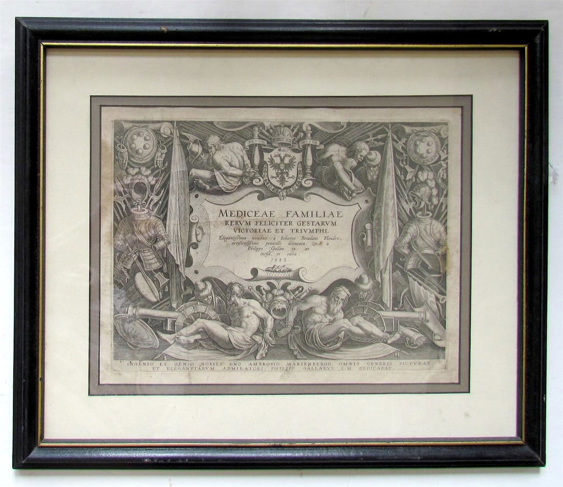 1583 TITLE PAGE MEDICI FAMILY DESIGNS antique MEDICEAE FAMILIAE RERUM FELICITER: Title: 1583 TITLE PAGE MEDICI FAMILY DESIGNS antique MEDICEAE FAMILIAE RERUM FELICITER Description: FRAMED ENGRAVED TITLE PAGE OF: MEDICEAE FAMILIAE RERUM FELICITER GESTARUM VICTORIAE ET TRIUMPHI Publ