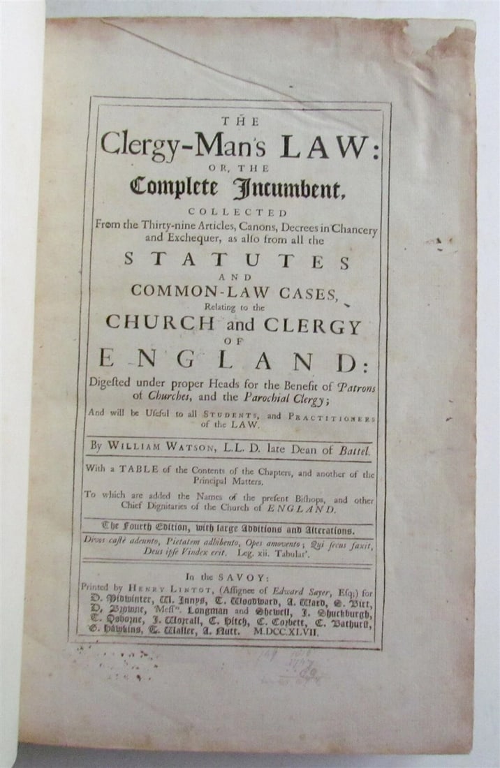 1747 CLERGY-MANS LAW by WILLIAM WATSON antique in ENGLISH FOLIO: Title: 1747 CLERGY-MANS LAW by WILLIAM WATSON antique in ENGLISH FOLIO Description: Altomare, Donato Antonio. Donati antonii abaltomari Medici, ac Philosophi Neapolitani Omnia, quae hucusque in lucem