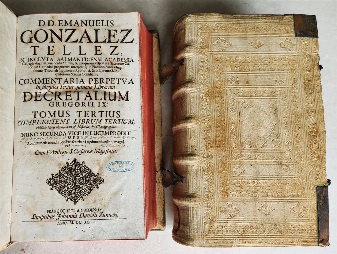 1690 PIGSKIN BOUND 4 FOLIO LAW BOOKS antique by D. D. Emanuelis Gonzalez Tellez - 15