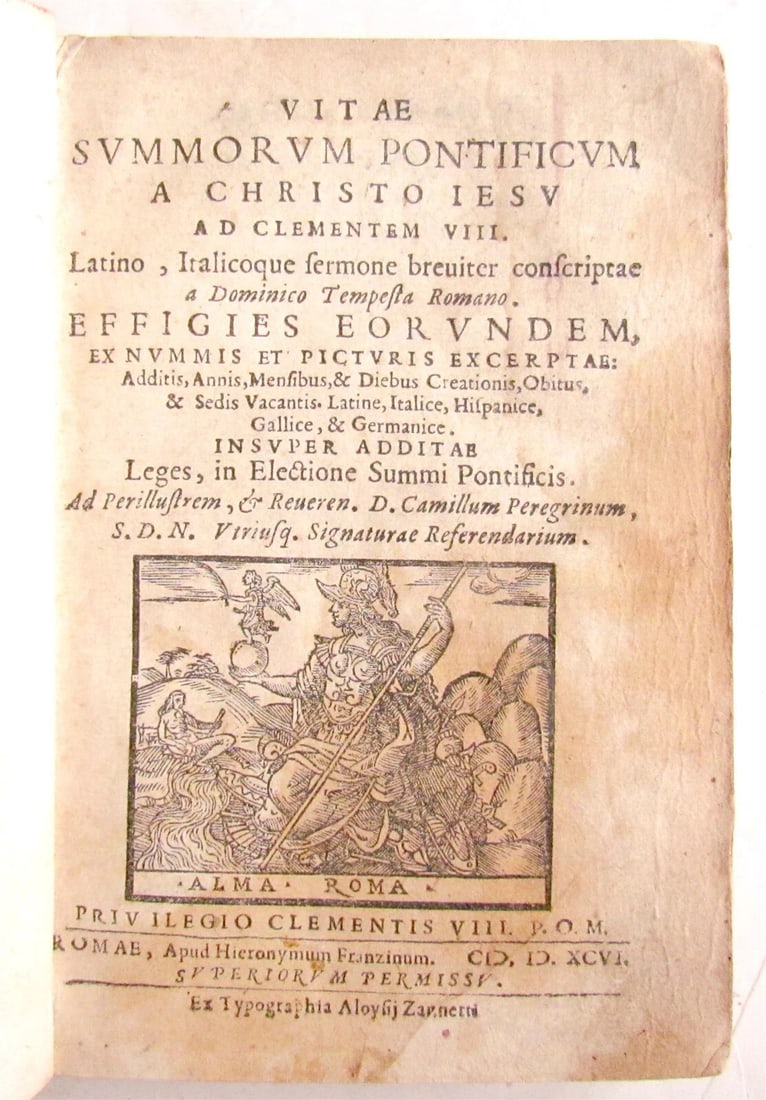 1596 LIVES of POPES ILLUSTRATED antique 16th CENTURY: Title: 1596 LIVES of POPES ILLUSTRATED antique 16th CENTURY Description: Very good condition. Binding with some discoloration. Intact. Pages with foxing and toning. Clasps are in good shape. Ex-librar