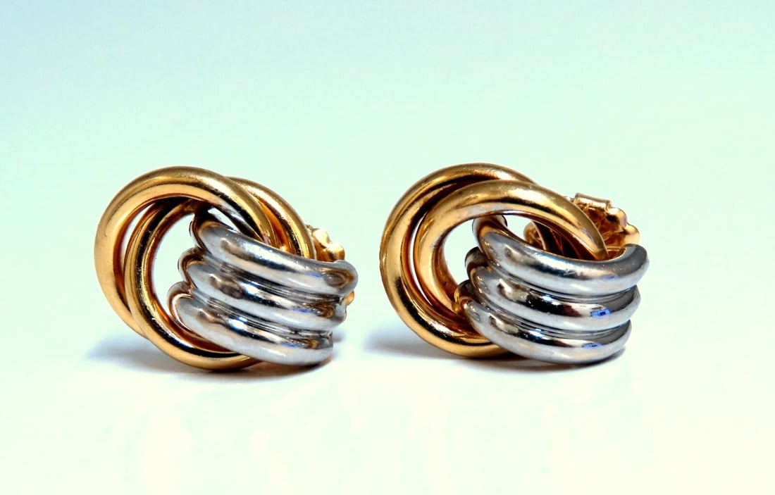 14kt Gold Clip earrings Circlular Knocker Two Toned**: Title: 14kt Gold Clip earrings Circlular Knocker Two Toned** Description: Circular Knocker Clip Earrings Measurements: 19 x 14mm Depth: 7mm Comfortable Butterfly 6 grams / 14kt. Yellow Gold Earrings