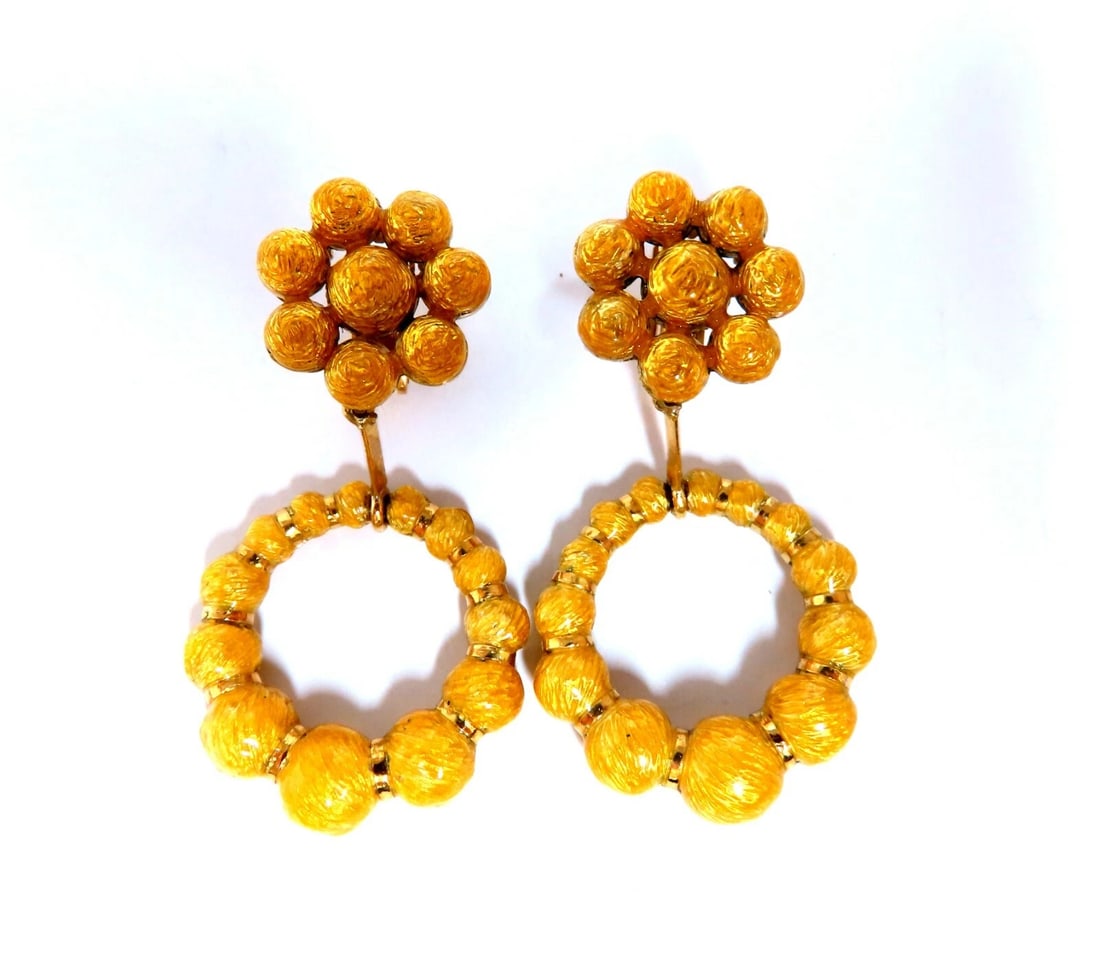 Bohemian European Mod Enamel Ball Bead Cluster Dangle Earrings 18kt**: Title: Bohemian European Mod Enamel Ball Bead Cluster Dangle Earrings 18kt** Description: Yellow Enamel Cluster Large Bead Dangle earrings Measurements of Earrings: 15.8mm diameter cluster (Upper) 24m