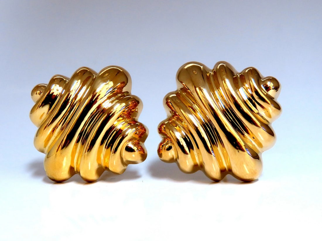 14kt Gold Clip earrings Crest Classic**: Title: 14kt Gold Clip earrings Crest Classic** Description: Crest Textured Clip Earrings Measurements: 32 x 27mm Depth: 8mm Comfortable Omega Clip 12 grams / 14kt. Yellow Gold Earrings are gorgeous