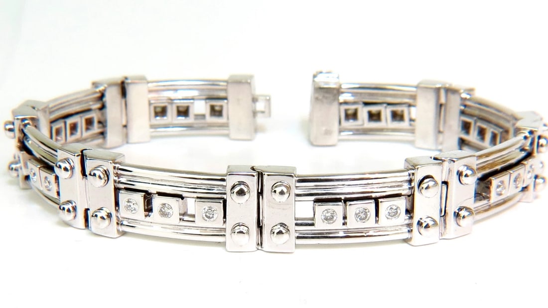 Mens Studded Gothic Deco Sliding Diamonds Box Bead Deco Channel Bracelet 14kt**: Title: Mens Studded Gothic Deco Sliding Diamonds Box Bead Deco Channel Bracelet 14kt** Description: Metallic Power. Sliding diamond boxes Heavy & solid. Made for the Biker or Goth Deco. 1.40ct.