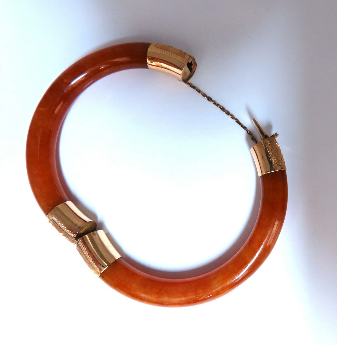 GIA Certified Natural Orange Brown Jade Bangle Bracelet 14kt** - 3