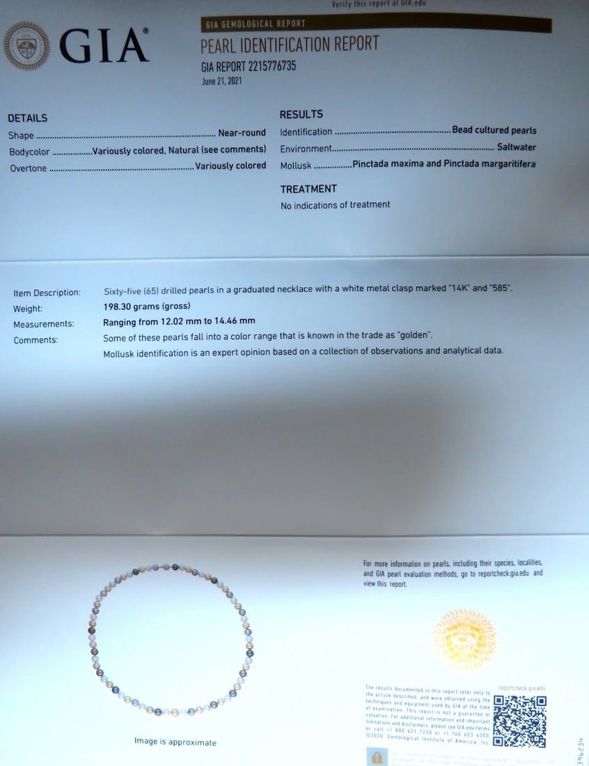 GIA certified Natural Multicolor Tahitian Saltwater Pearls necklace 14.4m 14k** - 3