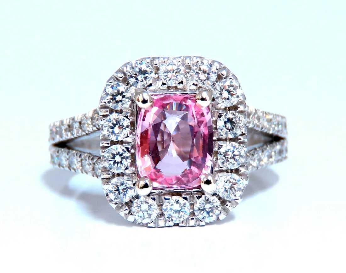 GIA Certified 1.41ct Natural Padparadscha Sapphire Diamonds Ring 14kt: Title: GIA Certified 1.41ct Natural Padparadscha Sapphire Diamonds Ring 14kt Description: GIA Certified 1.14ct Natural Orange pink Padparadscha Sapphire ring. Report: 2217978440 Cushion cut: 7.47 X 6.