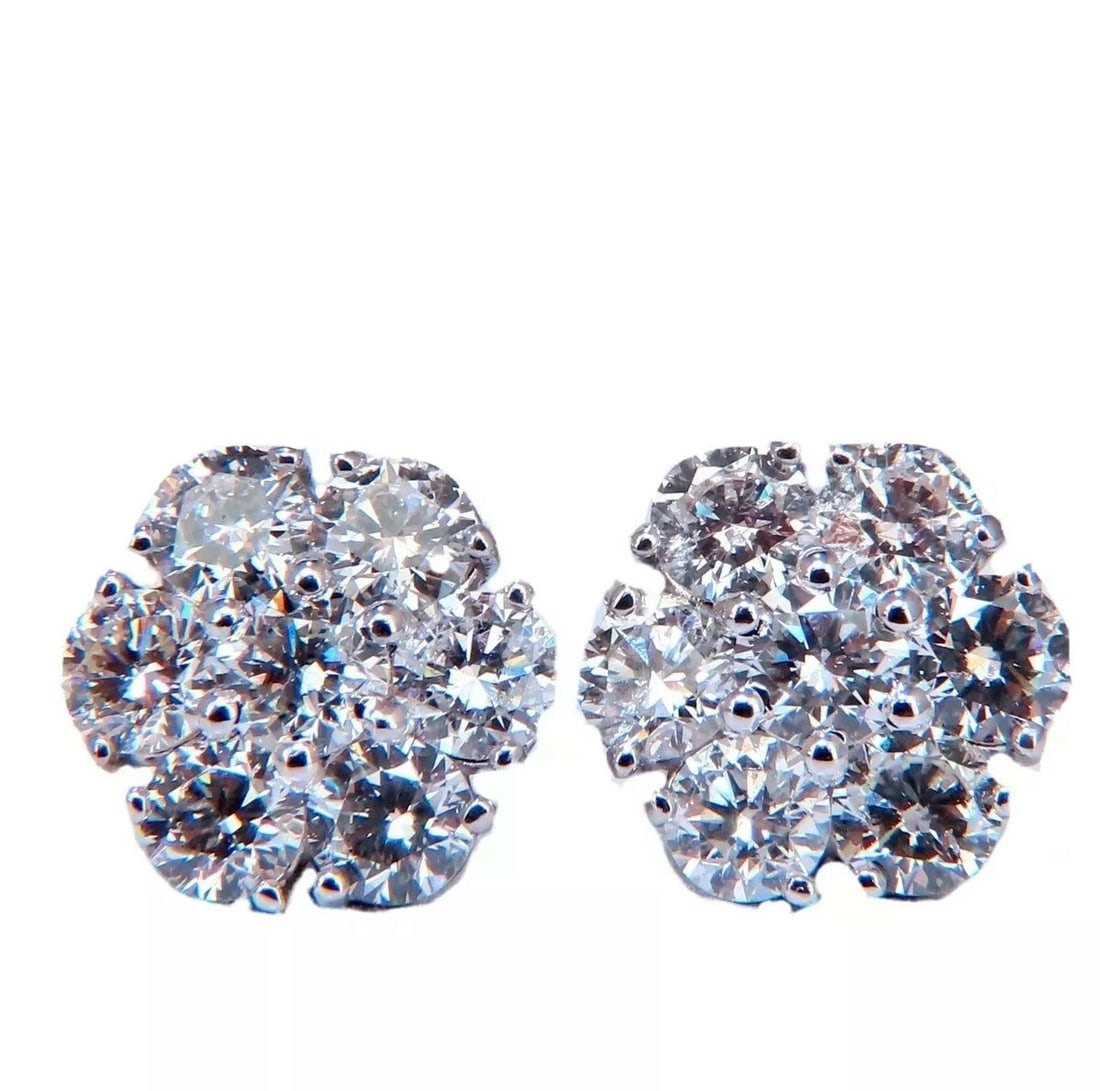 3.47ct. natural round diamond cluster earrings 14 karat floreta**: Title: 3.47ct. natural round diamond cluster earrings 14 karat floreta** Description: Floreta cluster snowflake diamond earrings. 3.47 carat natural round diamonds G -Hcolor vs2 Si1 clarity 14 karat w