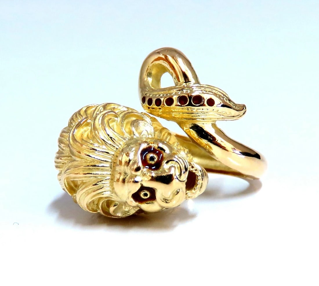 18kt Lion Wrap Enamel Ring: Title: 18kt Lion Wrap Enamel Ring Description: Lion Enamel Wrap Ring 18kt. yellow gold 10.6 grams Size: 6.5 - 7 Ring is 22mm wide Depth: 12.5mm All Items come with a Free White ribbon gift box. br>