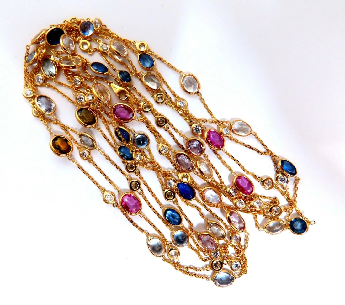 43.05ct. Natural Vivid Sapphires Diamonds Yard Necklace 14kt 4 Tier **: Title: 43.05ct. Natural Vivid Sapphires Diamonds Yard Necklace 14kt 4 Tier ** Description: ONLY MAGNIFICENT JEWELS Extra Long Mod Yard Necklace 39.05cts of Natural: Blue, Yellow, Pink, White, Green An