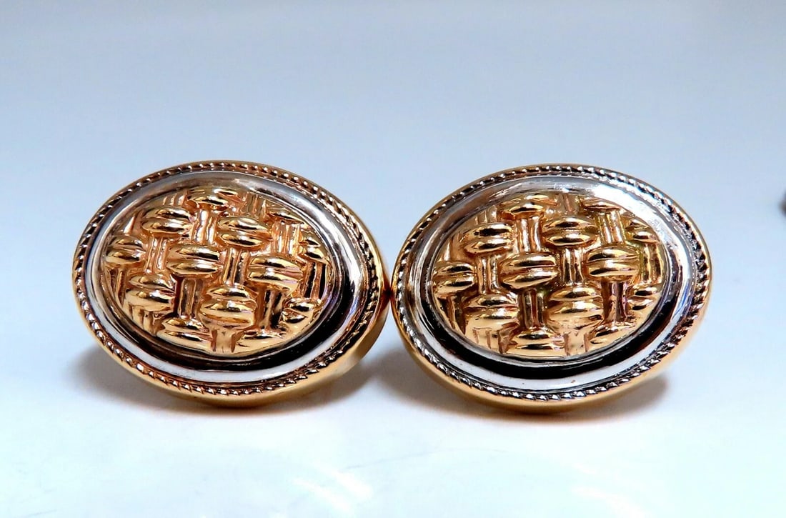 14kt Gold Cross Thread Deco Oval Frame Earrings Omega Clip**: Title: 14kt Gold Cross Thread Deco Oval Frame Earrings Omega Clip** Description: Oval Framed Cross Thread Deco Crest Textured Clip Earrings Measurements: .87 x .68 Inch Depth: .33inch Comfortable Omeg