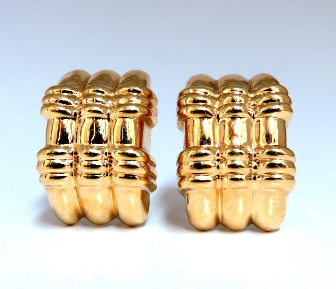 14kt Gold Textured Three Row Crest Clip Earrings **: Title: 14kt Gold Textured Three Row Crest Clip Earrings ** Description: Three Row Crest Textured Clip Earrings Measurements of Earrings: Measurements: 1.1 x .75 Inch Depth: .47inch Comfortable Omega C