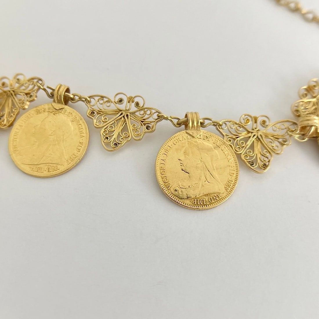 Vintage Antique Coin Butterfly Chain Necklace 22K Yellow Gold, 52.56 Grams - 12