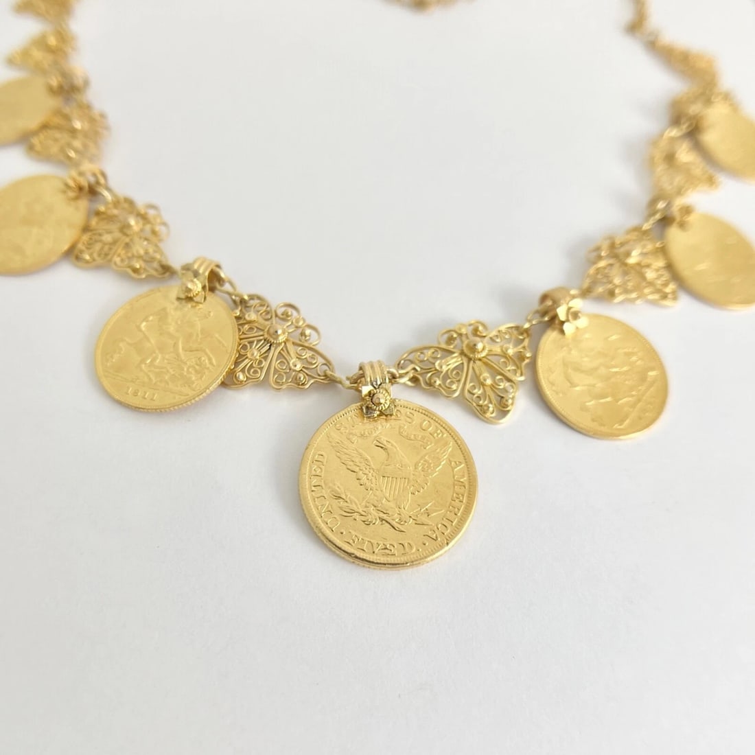 Vintage Antique Coin Butterfly Chain Necklace 22K Yellow Gold, 52.56 Grams - 15