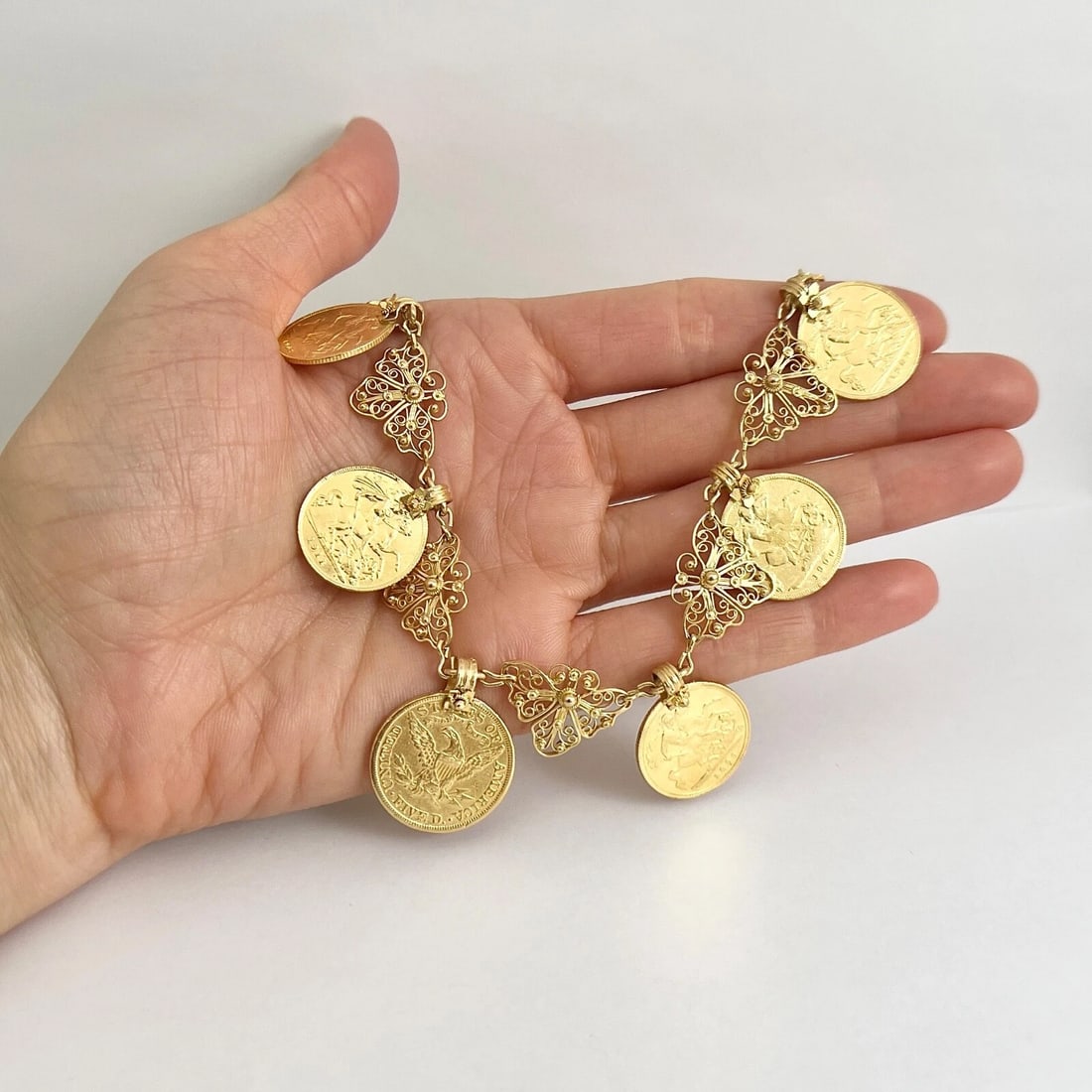 Vintage Antique Coin Butterfly Chain Necklace 22K Yellow Gold, 52.56 Grams - 3