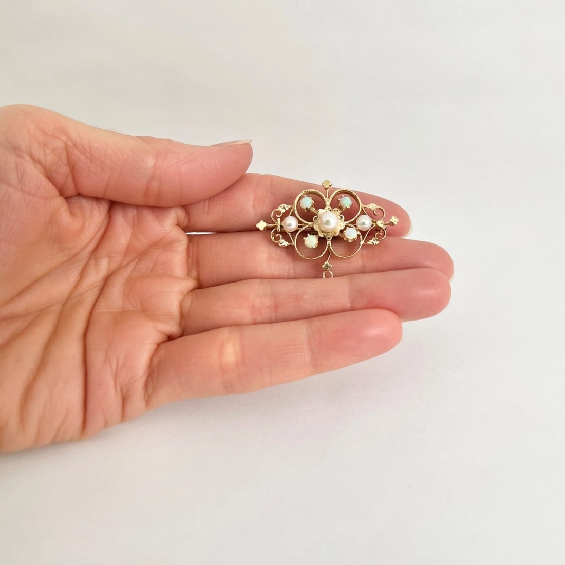 Vintage 1950's Pearl Opal Pendant Brooch Pin 14K Yellow Gold, 6.52 Grams - 4