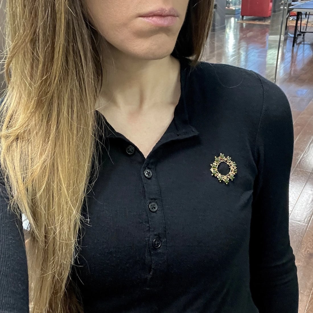 Vintage 1950's Green Jade Circle Wreath Brooch Pin 14K Yellow Gold, 7.44 Grams - 6