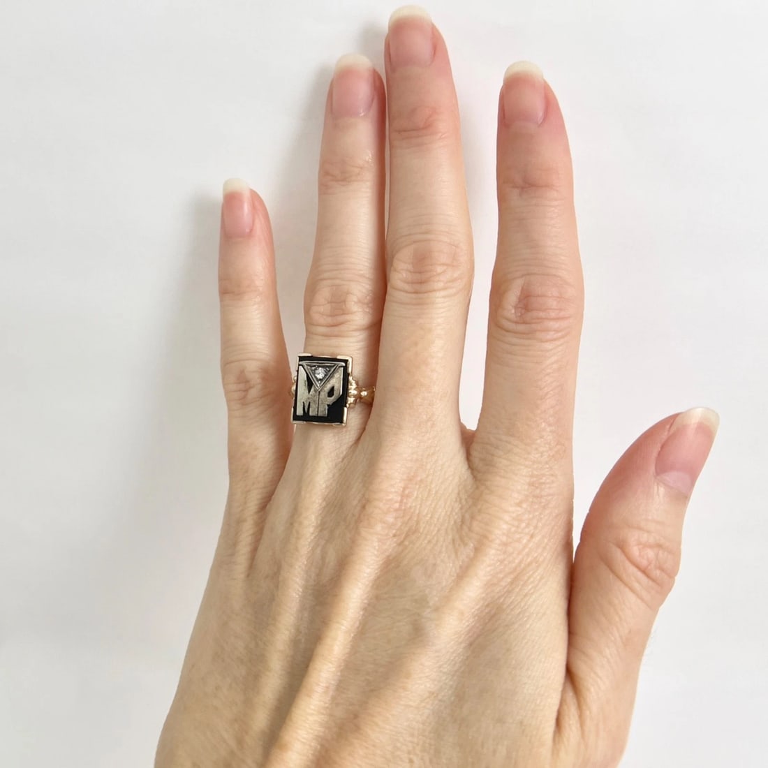 Vintage 1930's Letter MP Initial Black Onyx Diamond Signet Ring 14K Gold 3.24 Gr - 3