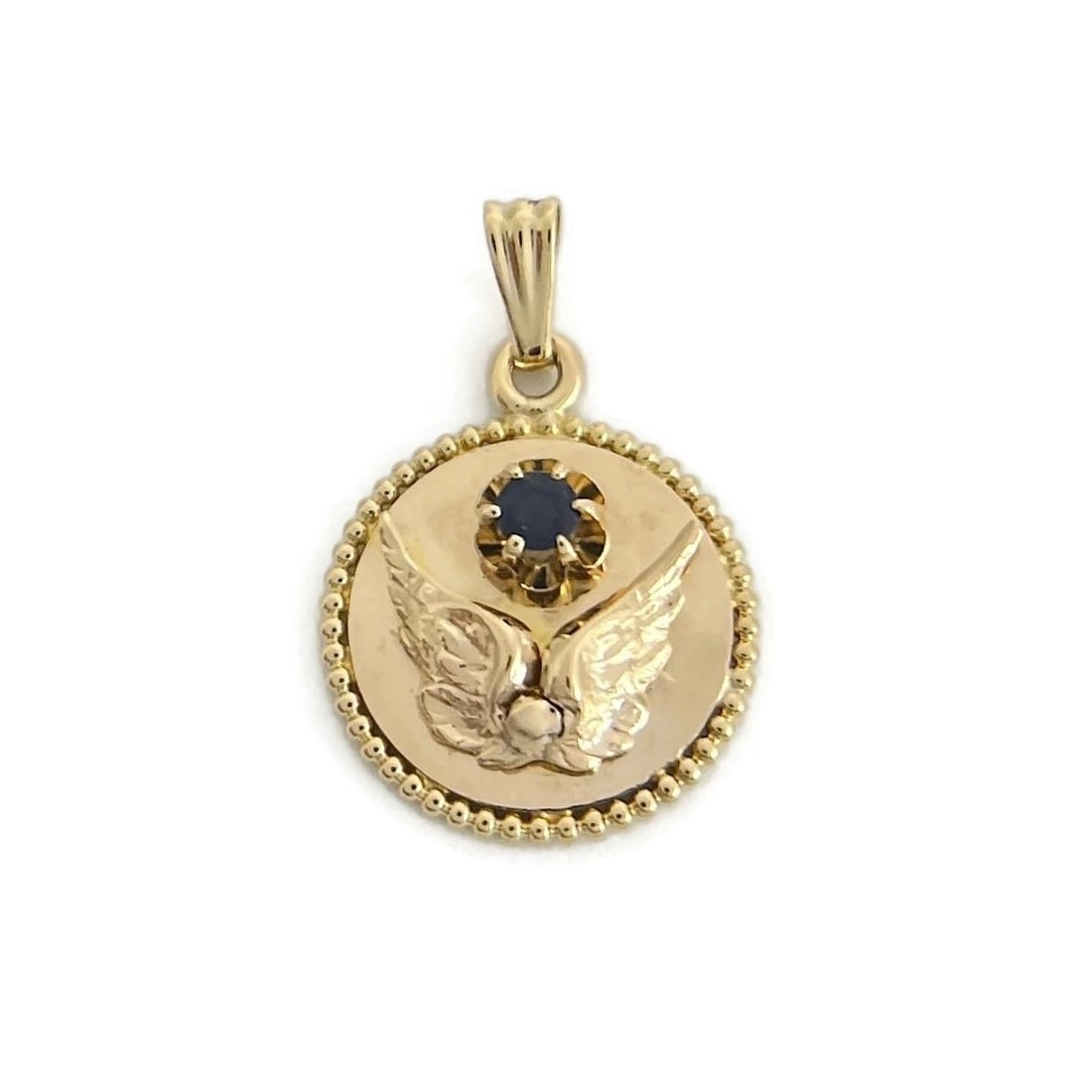 Vintage Sapphire Angel Wings Disc Pendant Charm 14K Yellow Gold, 2.95 Grams - 2