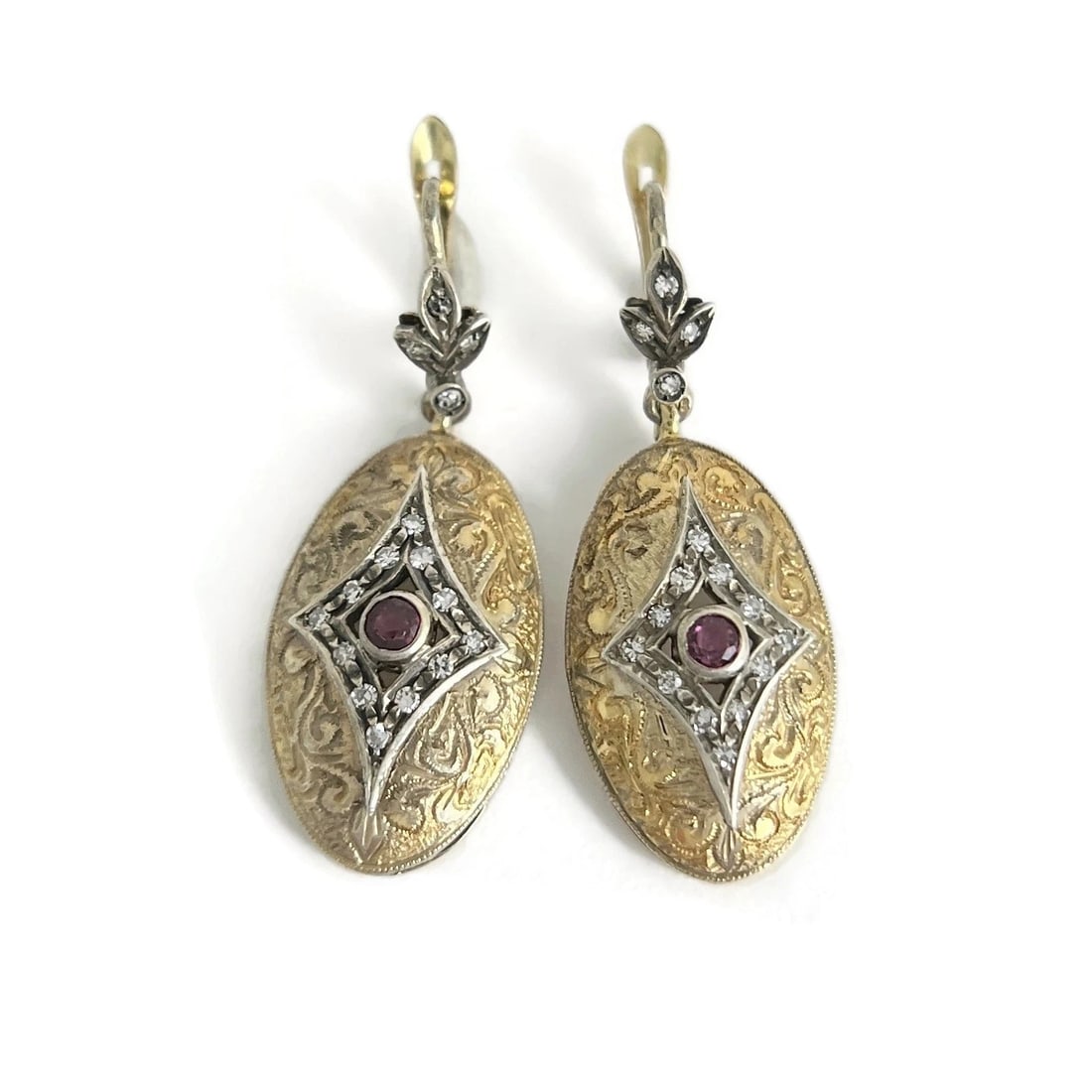 Antique Ruby Diamond Dangle Drop Earrings 18K Yellow Gold and Silver, 6.19 Grams - 2