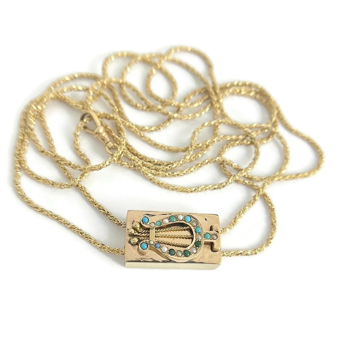Antique Victorian Lyre Turquoise Seed Pearl Necklace 14K Yellow Gold, 26.58 Gram: Title: Antique Victorian Lyre Turquoise Seed Pearl Necklace 14K Yellow Gold, 26.58 Gram Description: Antique Victorian Lyre Turquoise Seed Pearl Necklace 14K Yellow Gold, 26.58 Gram This is a