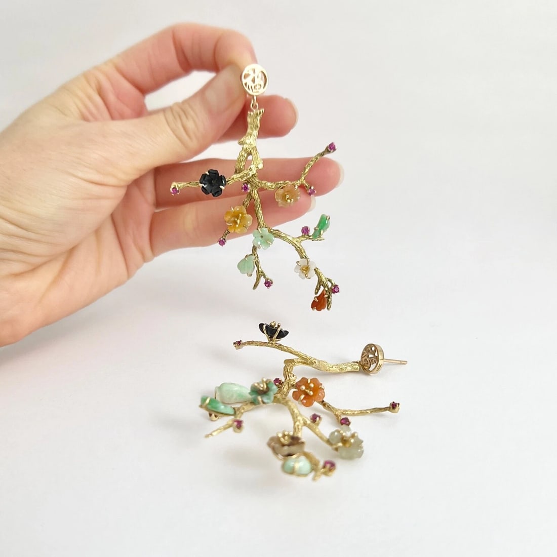 Vintage Fu Multicolored Jade Branch Dangle Drop Earrings 14K Yellow Gold 22.18 G - 4